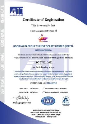 ISO/IEC 27001:2022 certificate No. ISO260075C, Booking in Group (Seen Travels), issued by AIJ, accredited by EGAC under IAF
